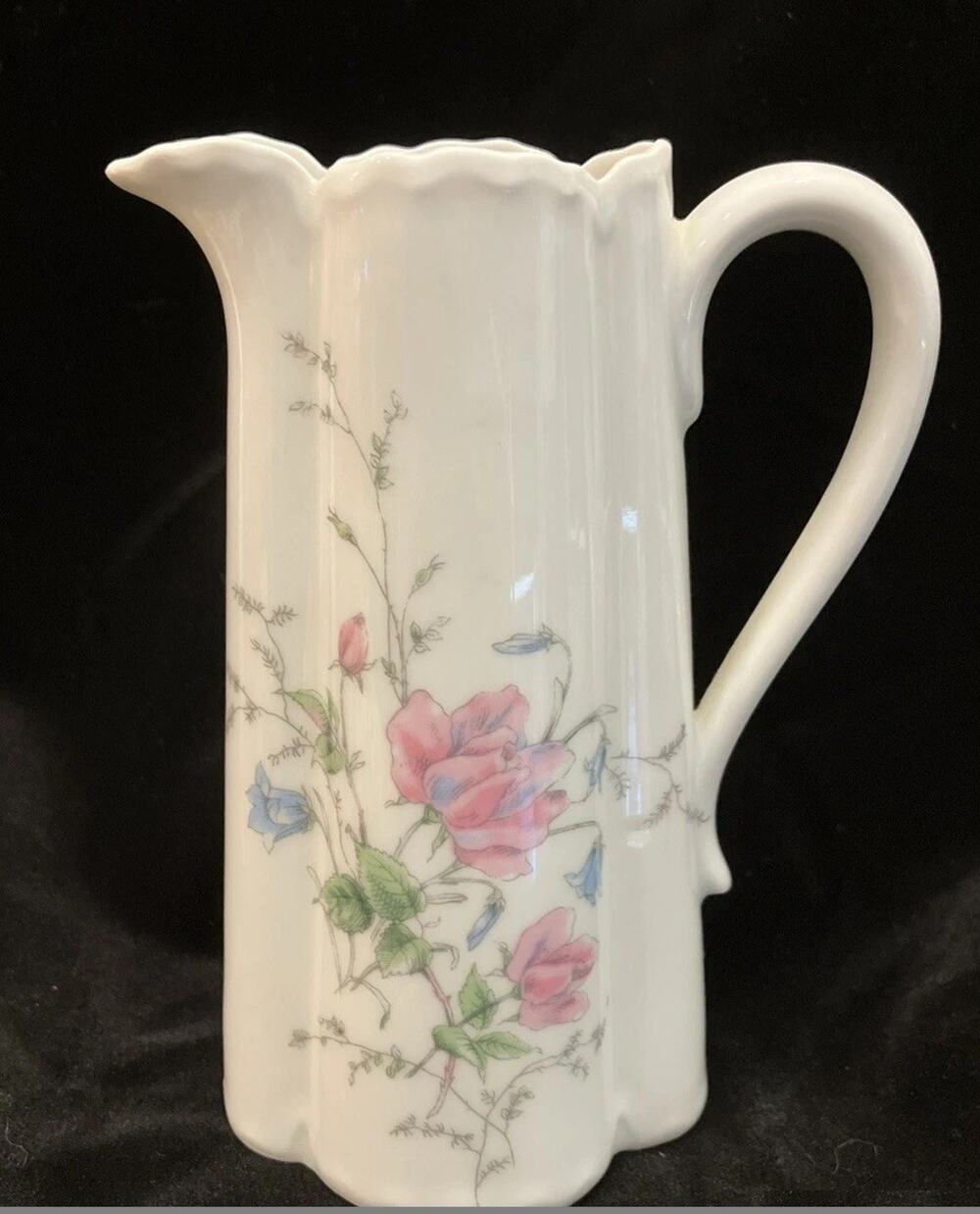 VTG Haviland Porcelain France Limoges Floral Jug Pink Roses Pitcher Fluted Edge